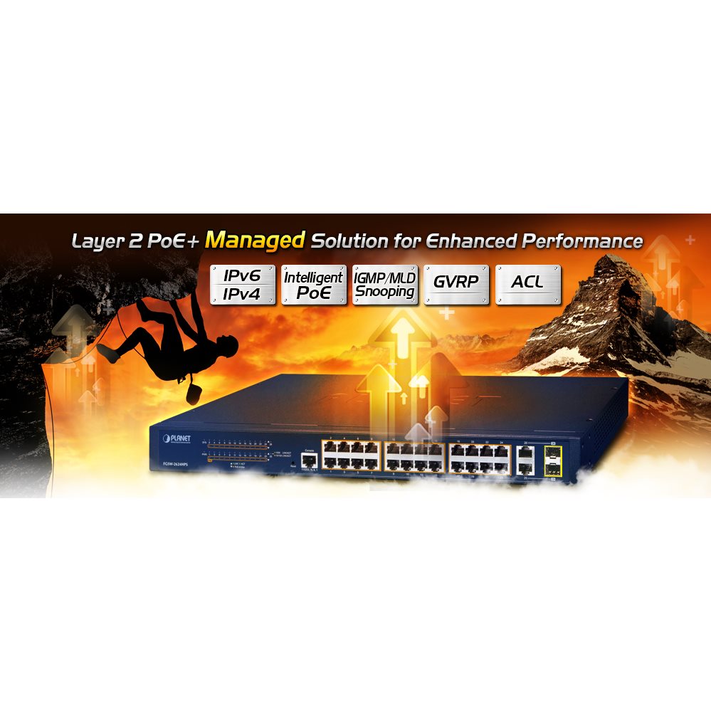 Switch 19 Web. 24x 100Mbits PoE at + 2 combo 220W FGSW-2624HPS